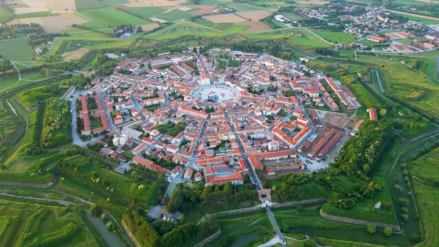 Aerial drone view of the Fortress of Palmanova in Italy. Unesco World Heritage. Venetian Works of Defence.