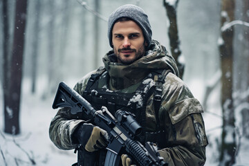 Fototapeta premium AI generated portrait of confident fully equipped and armed soldier fighting against aggression on battle field