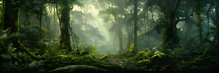Enthralling Panoramic View of the Verdant Majesty: Untouched Rainforest Ecosystem - obrazy, fototapety, plakaty