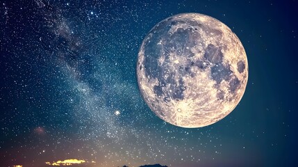 Blue Moon. Super Full moon august. Moon bright. Stars. The background full of stars in the galaxy. 