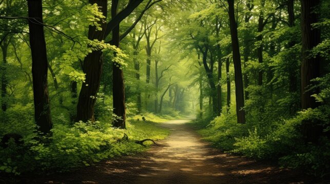 the green  path through the woods in a forest