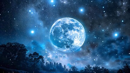 Naklejka na ściany i meble Blue Moon. Super Full moon august. Moon bright. Stars. The background full of stars in the galaxy. 