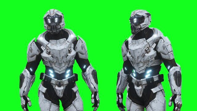 Military futuristic cyborg, robot. Realistic 4k green screen animation.