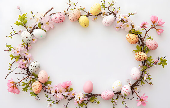 Easter Celebration: Colorful Eggs and Blossoming Flowers Forming a Circular Arrangement on a White Background