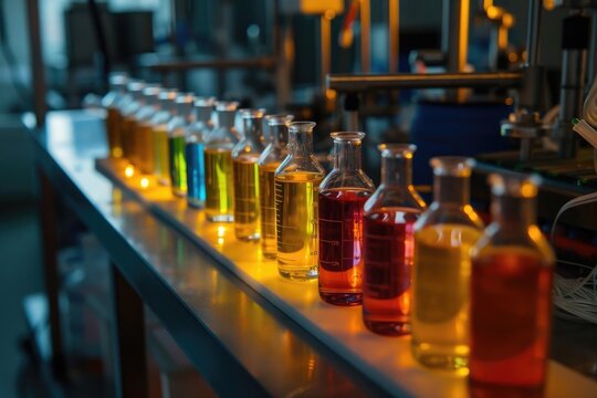 bottles with colored liquids in the laboratory