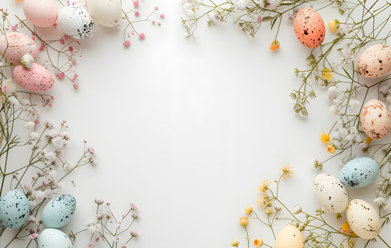 Easter Celebration: Colorful Eggs and Blossoming Flowers Forming a Circular Arrangement on a White Background