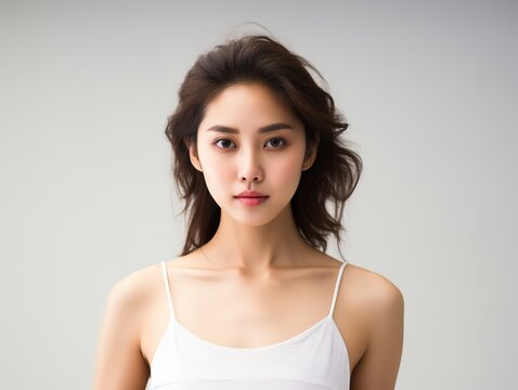 pretty Asian model wearing white tank top smiling with clean flawless skin, skincare and healthy theme concept, Generative Ai