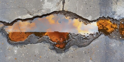 Fototapeta premium Hazards Of A Large Gasoline Contaminated Water Puddle On Asphalt
