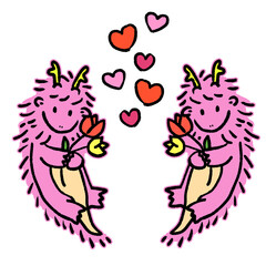 花を持つかわいい龍のイラスト