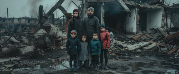 Fototapeta na wymiar Refugee Family Stands Amid The Ruins Of Their Home, Devastated By Conflict