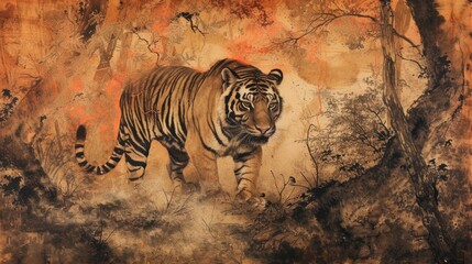 a painting of a tiger walking in a wooded area with a tree in the foreground and another painting of a tiger in the background.