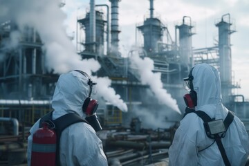 Obraz premium Scientists Conduct A Hazardous Chemical Leak Investigation At An Industrial Facility