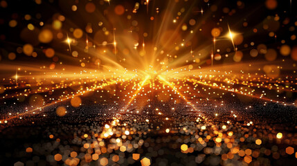  empty room with Golden lights rays scene with glitter background