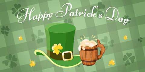 St. Patrick's Day poster with clover leaves and green hat and beer. Background for website, banner, party poster