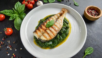 close up directly above view of grilled sea bass slice on spinach in white plate gourmet cuisine menu