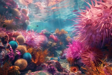 Fototapeta na wymiar Vibrant Marine Life Sea Urchins, Coral, And Fish Create Underwater Oasis