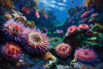 Naklejka na ściany i meble Thriving Underwater Oasis: Sea Urchins, Coral, And Fish Bring Vibrant Marine Life