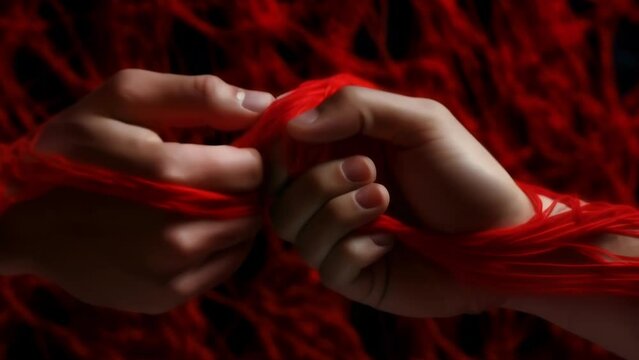 A red thread intricately weaving through the hands of two people representing the bond that can be formed in seeking and providing . .