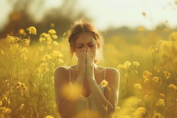 Sneezing Woman In Meadow Announces Onset Of Spring Allergies - obrazy, fototapety, plakaty
