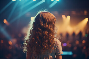 AI generated rear view photo of charming small girl standing on stage illuminated in front of crowd
