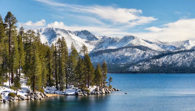 landscape view of lake tahoe with snow covered mountains and forests