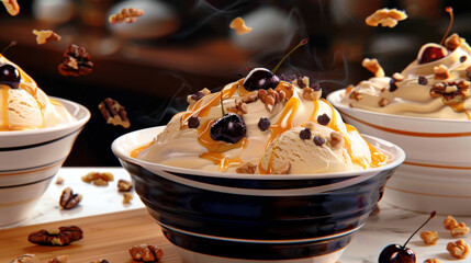 bowls of ice cream have walnuts, cherries and cookies in them, Bowl of ice with colorful fruit toppings, refreshing and suitable for summerthemed designs, food and beverage concepts