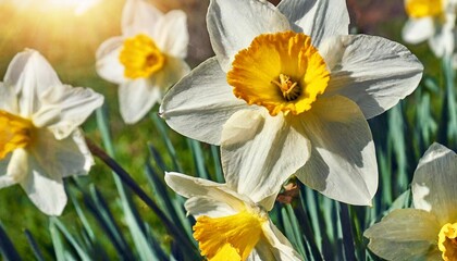 bright beams of the day sun do white petals and a yellow crown of flowers of narcissuses transparent
