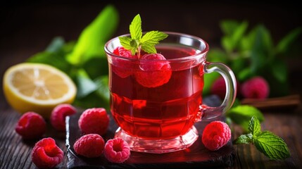 Red fruit tea with raspberry and mint. Raspberry tea wooden background. Selective focus