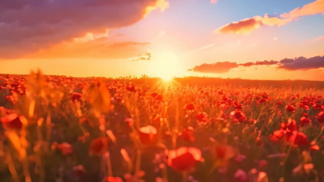 beautiful flower fields at sunset