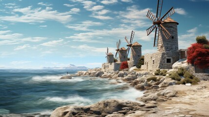 Fototapeta na wymiar windmills near blue sea