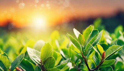 a summer sunset sunrise background with lush green foliage and orange glow sky with blurred spring bokeh highlights - obrazy, fototapety, plakaty