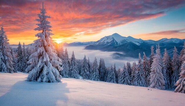 fabulous winter sunset in the mountains with frosty fir trees