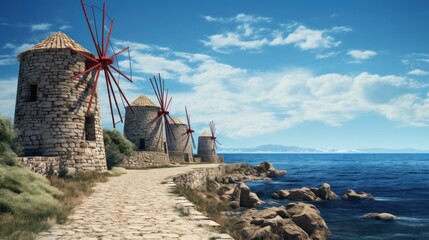 windmills near  blue sea - obrazy, fototapety, plakaty