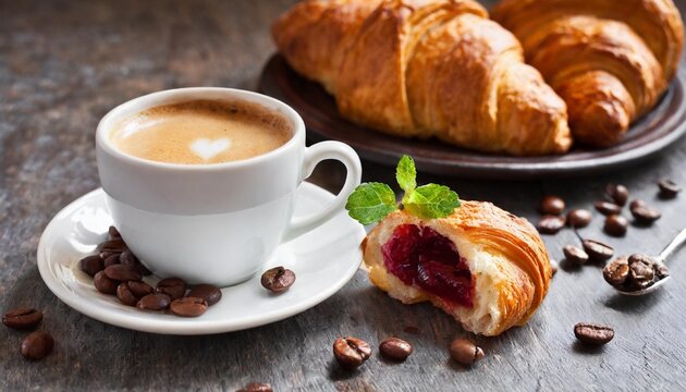 cup of coffee and croissants for breakfast