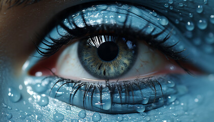 Blue eyed woman staring at camera with shiny, wet eyelashes generated by AI - obrazy, fototapety, plakaty