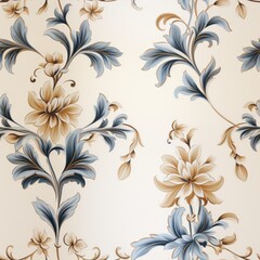 Seamless floral pattern with damask baroque ornament in blue and beige colors flowers background