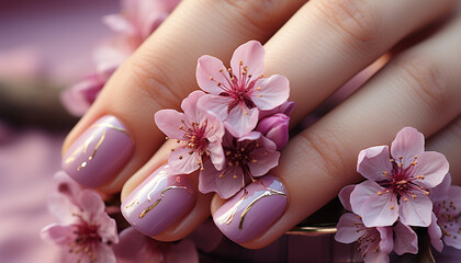 Women fingernails in pink, holding a single purple flower generated by AI - 737196237