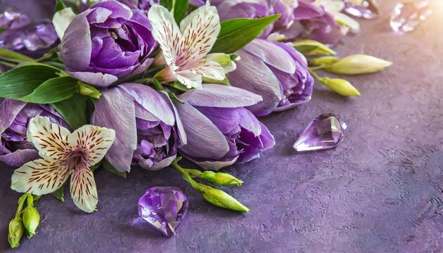 amethyst crystals and alstroemeria flowers on a purple background