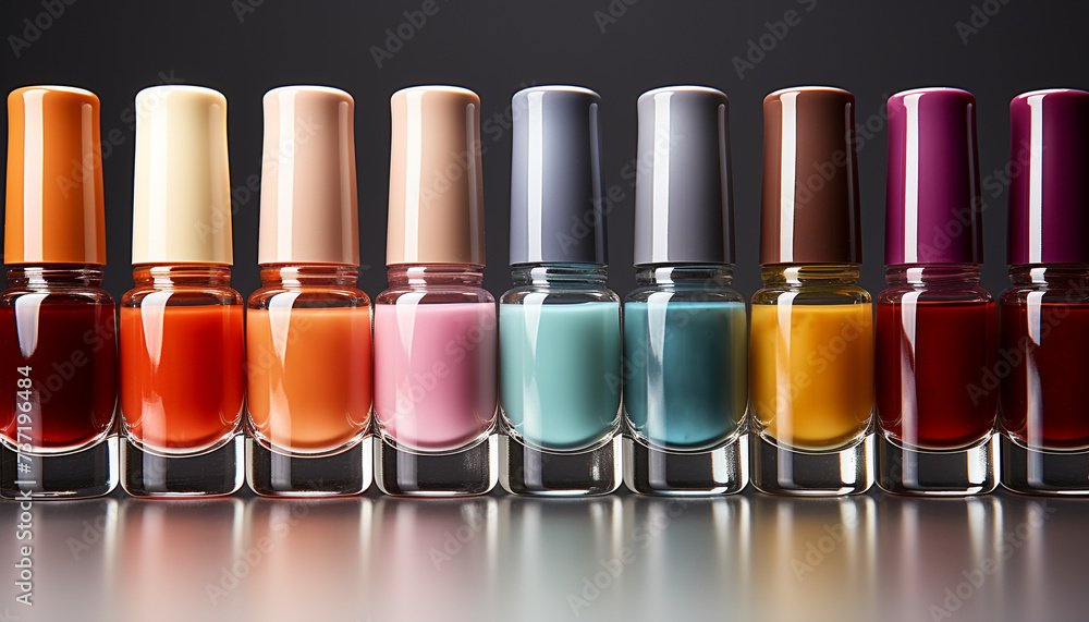 Poster a vibrant collection of multi colored nail polish bottles in a row generated by ai
