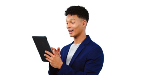 Man, browse and tablet for business email and research, app and isolated on transparent png background. Male person, professional and reading information on website, notification and social media