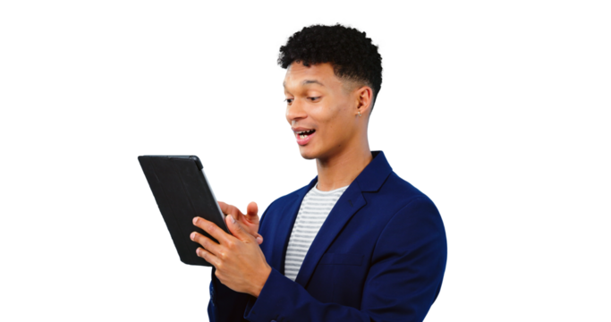 Man, browse and tablet for business email and research, app and isolated on transparent png background. Male person, professional and reading information on website, notification and social media