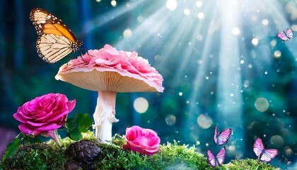 fantasy magical mushrooms and butterfly in enchanted fairy tale dreamy elf forest with fabulous fairytale blooming pink rose flower on mysterious nature background and shiny glowing moon rays in night - obrazy, fototapety, plakaty