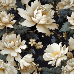 Seamless floral pattern with damask baroque ornament in blue and beige colors flowers background