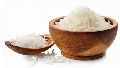 shredded coconut in the wooden bowl isolated on white background top view