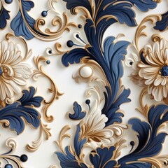 Seamless floral pattern with damask baroque ornament in blue and beige colors flowers background