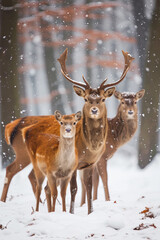 Noble deer family in winter snow forest