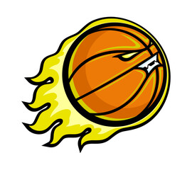 Basketball ball icon with fire flames on white background.