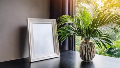 blank white picture frame mockup next to a window modern table white plexiglass top black legs still life composition with green palms in vase - obrazy, fototapety, plakaty