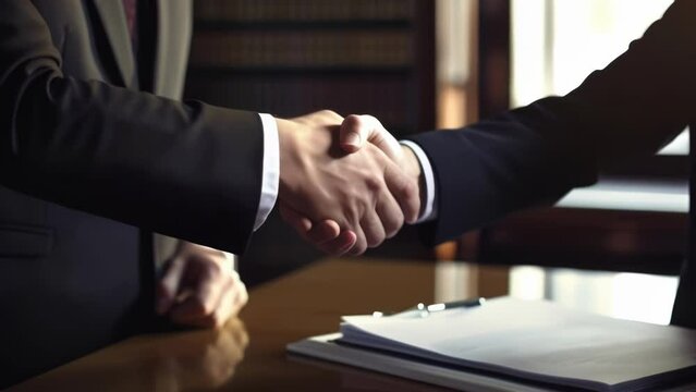 Two lawyers exchange satisfied handshakes and documents marking the achievement of a successful resolution.
