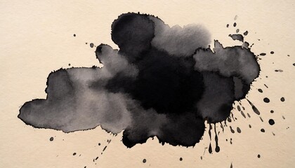 black ink watercolor blot on beige paper background